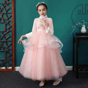 女童高端晚礼服公主裙儿童主持人走秀洋气加绒生日蓬蓬纱花童婚纱