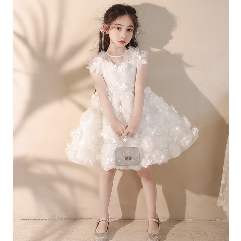 白色女童主持人晚礼服春季儿童生日花童婚礼钢琴演出服花朵