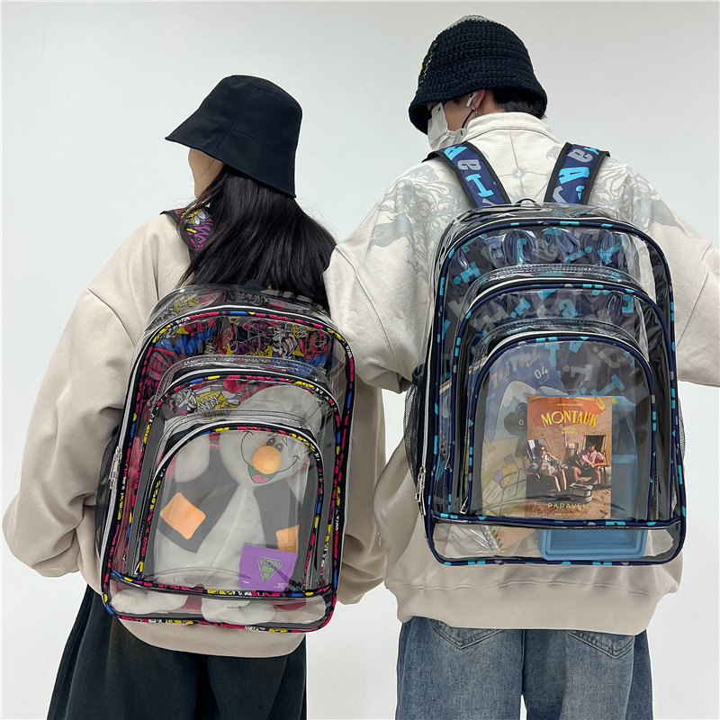 森系潮流涂鸦透明双肩包2025个性大学生书包大容量pvc男女包