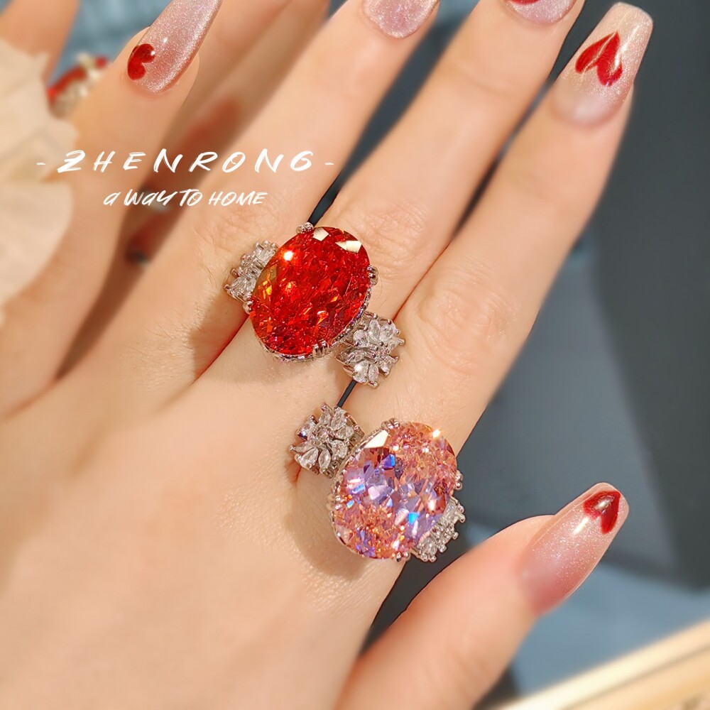 vintage高碳钻冰花切戒指超大鸽子蛋粉钻鸟巢星空切中国红女戒ins