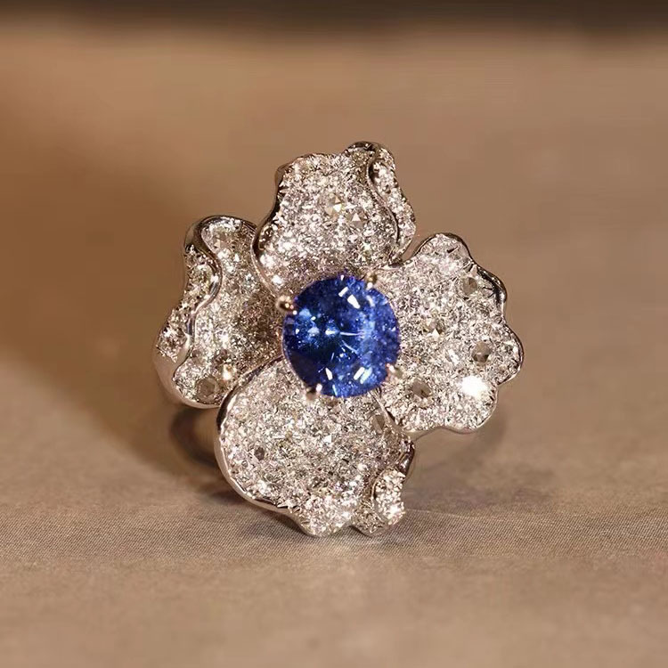 蓝宝石戒指女轻奢彩宝食指戒手饰