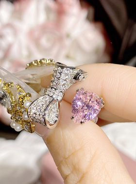 蝴蝶结粉锆指环水滴宝石花戒指