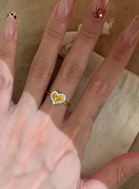 冰花切黄钻戒指女爱心锆石指环