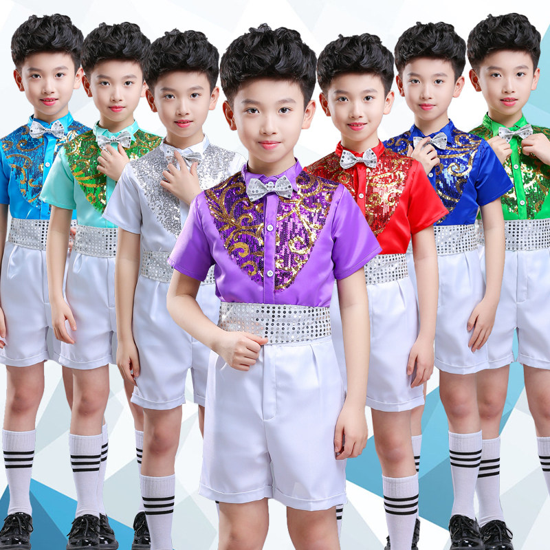 六一儿童节演出服男童亮片短袖套装小学生大合唱表演服主持礼服