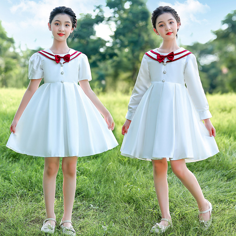 幼儿园毕业典礼女童舞蹈演出服连衣裙主持礼服公主裙白色蓬蓬裙