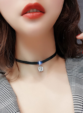 小众设计感超闪锆石吊坠choker颈带皮绳项链女短款锁骨链简约气质