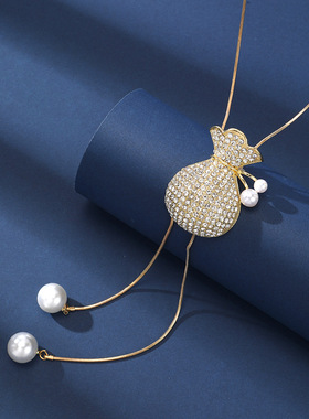 秋冬新款祝福钱袋满钻毛衣链女韩版长款秋冬项链时尚百搭衣服配饰