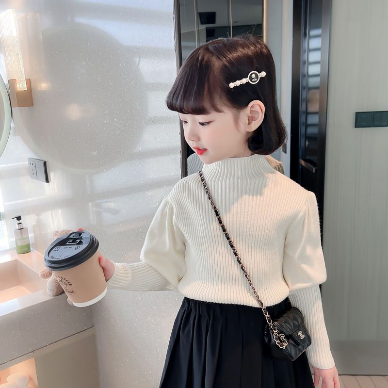 女童半高领毛衣秋冬款洋气泡泡袖打底衫儿童女宝宝韩版针织衫
