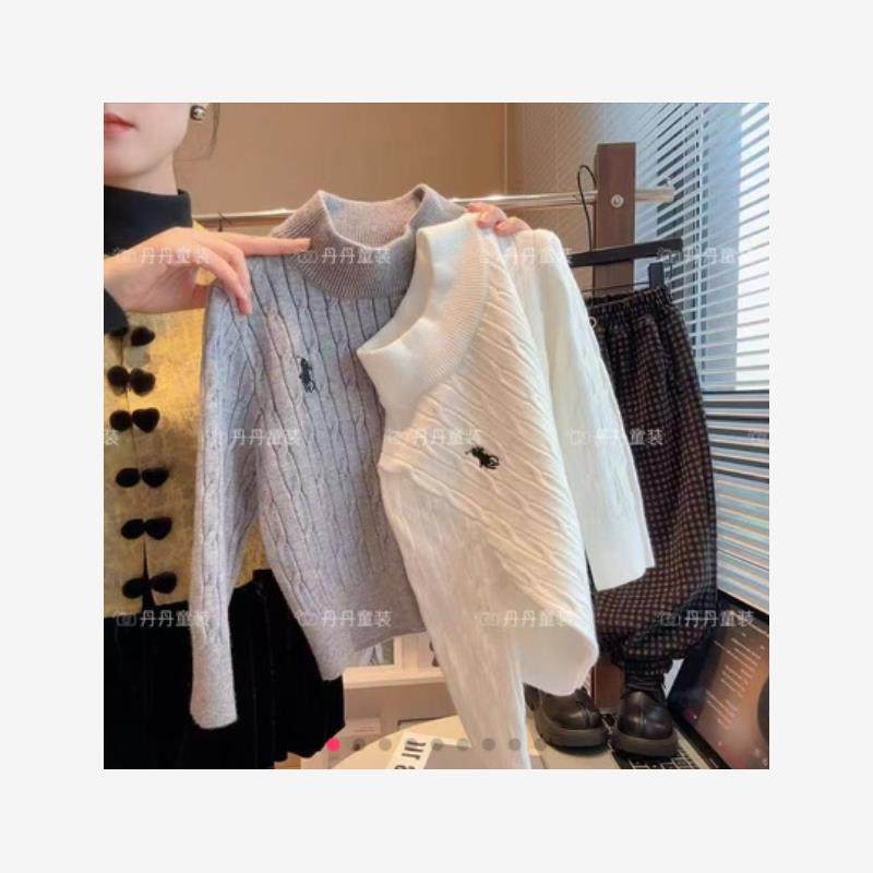 韩国男女童保暖针织衫儿童毛衣百搭宝宝半高领套头刺绣麻花打底衫