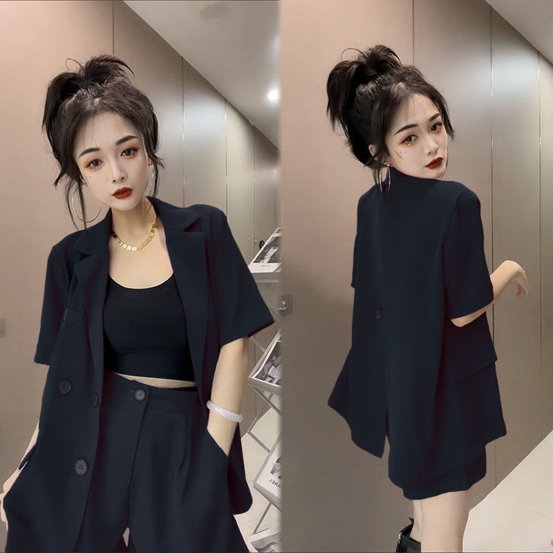 여성을위한 캐주얼 패션 반팔 작은 정장 정장 2024 새로운 스타일 작은 기질 거리 반바지 투피스 세트 여름