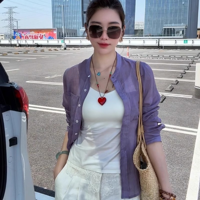 KATTERLLG复古圆领长袖防晒衬衫薄外套女夏天小个子外搭高级感温