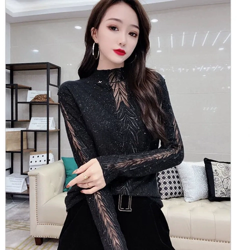 Весенняя кружевная дизайнерская футболка для приставной кровати, лонгслив, базовый приятный телу ростомер, тренд сезона, с рукавом, высокий воротник