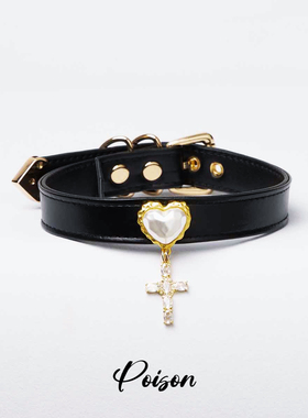 Poison原创 爱心Puppy巴洛克钻石十字架皮革项圈链颈环锁骨链甜美
