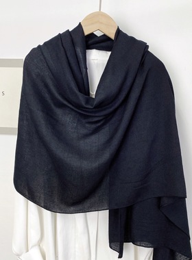 2023春夏新款棉麻围巾女纯色亚麻黑色180*90cm长巾装饰围巾披肩
