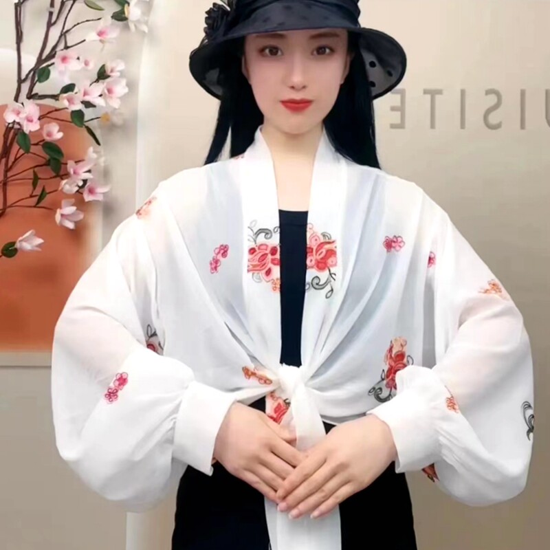 2022夏天新款防晒衣女雪纺披肩防紫外线洋气刺绣外套配裙子小开衫