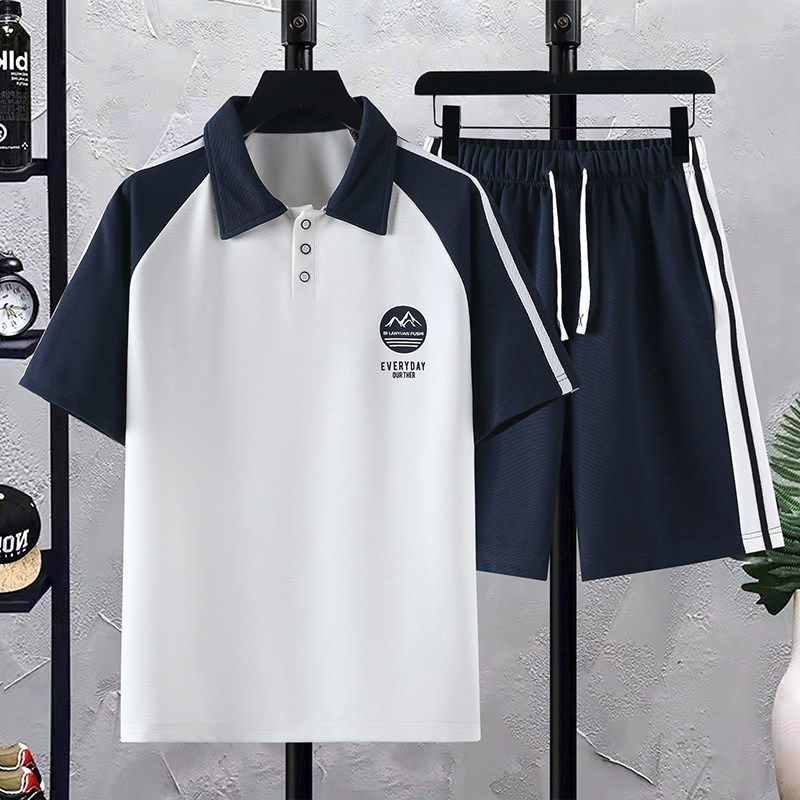 跨境外贸韩版欧美港风青年男士夏季短袖POLO衫两件套运动休闲套装