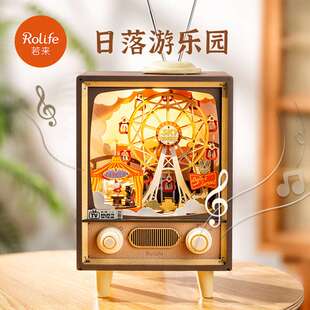 若态若来日落游乐园木质拼装八音盒立体拼图diy手工玩具音乐盒