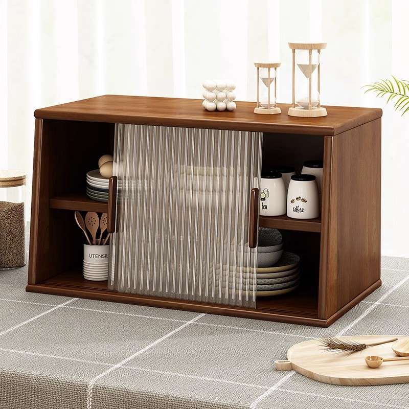 日式实木餐边柜台面收纳柜玻璃门厨房防尘柜子咖啡置物柜桌面杯架