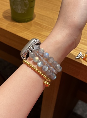 水晶灰月光手串适用ApplewatchSE苹果手表弹力绳iwatch表带高级女