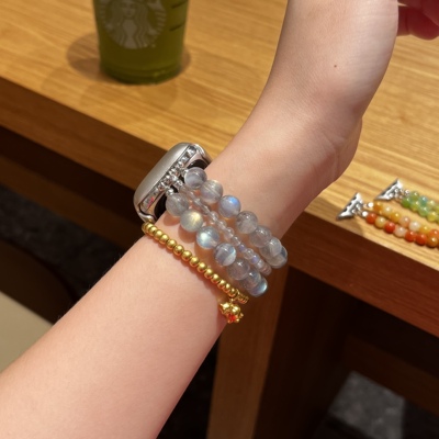 水晶灰月光手串适用ApplewatchSE苹果手表弹力绳iwatch表带高级女