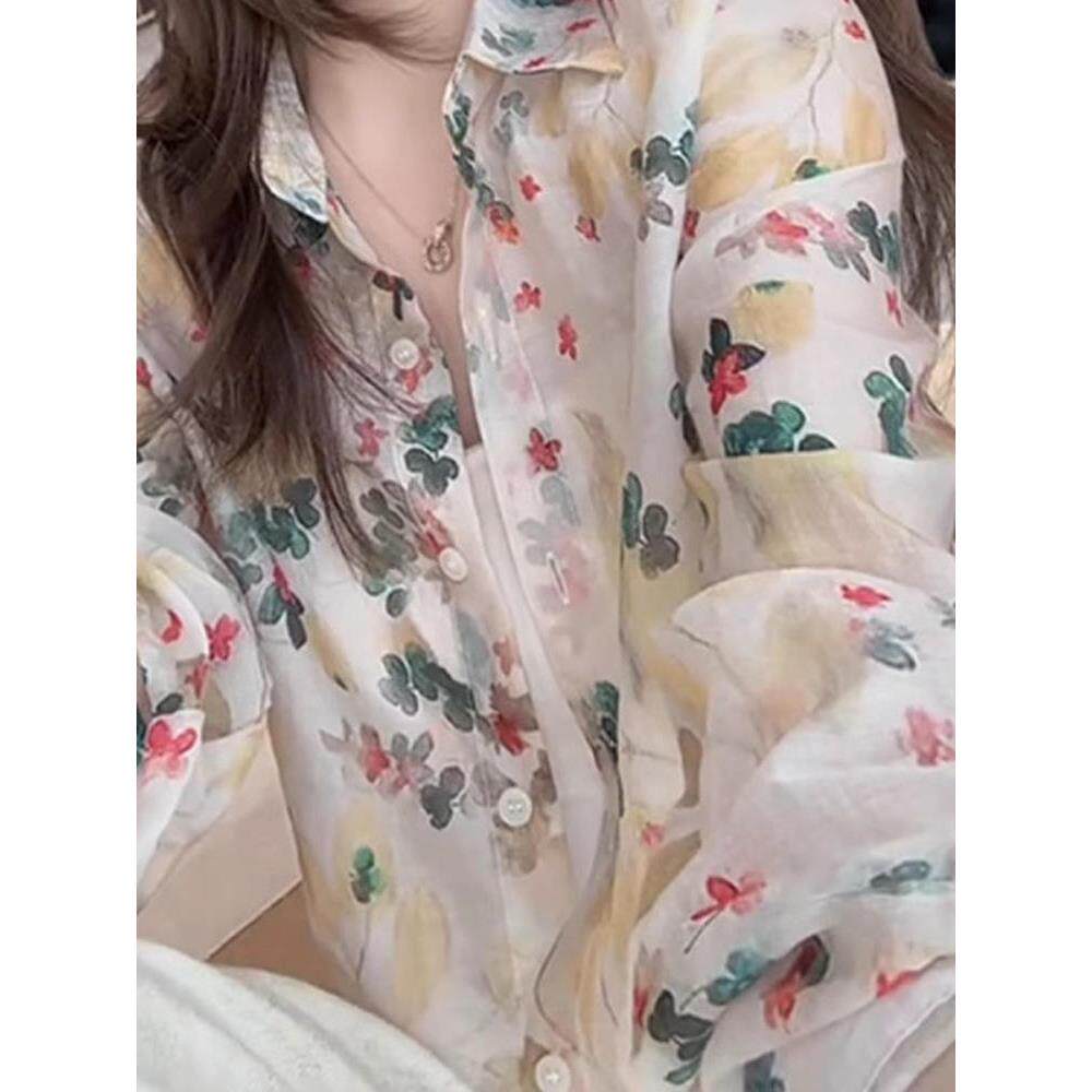 上衣chic韩风轻薄衬衫夏季休闲气质新款2025女装防晒碎花长袖宽松