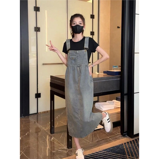 裙复古超仙过膝胖背带2024吊带春夏连衣裙妹妹新款百搭女薄款牛仔