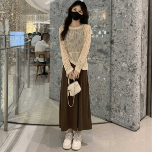 裙女收腰镂空针织衫 2024秋季 套装 慵懒风时尚 吊带裙气质两件套 新款