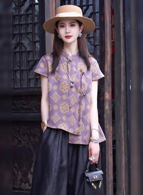 盘扣气质女装上衣夏日国风衬衫小衫短袖印花2025紫色新款中式减龄