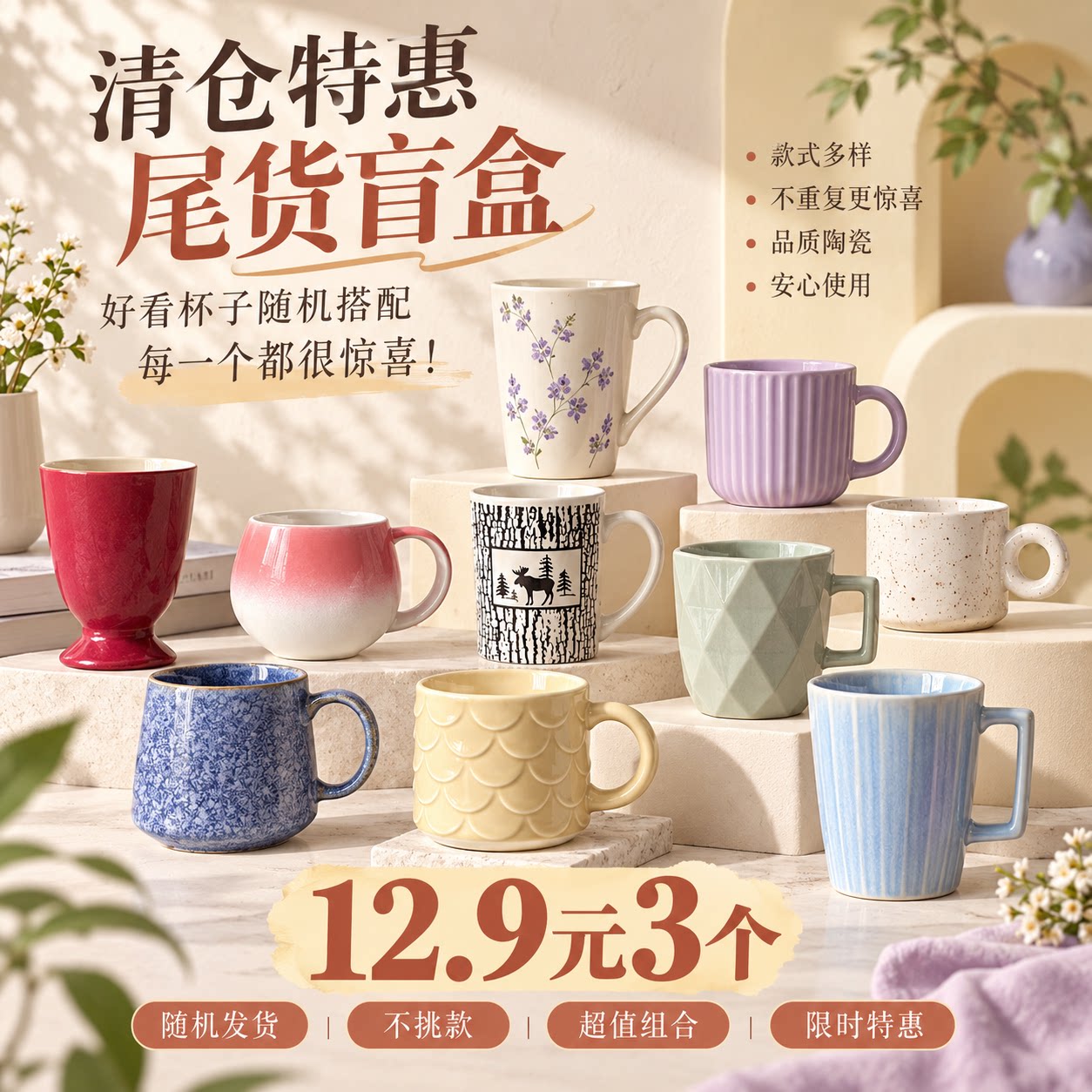 高温陶瓷马克杯家用可爱图案咖啡杯茶杯3个装尾货盲盒清仓特惠