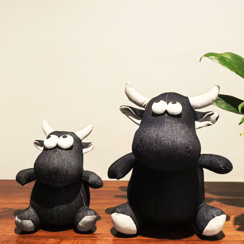 手工牛仔布偶大眼睛牛公仔复古布艺小牛玩偶创意家居摆件生日礼物