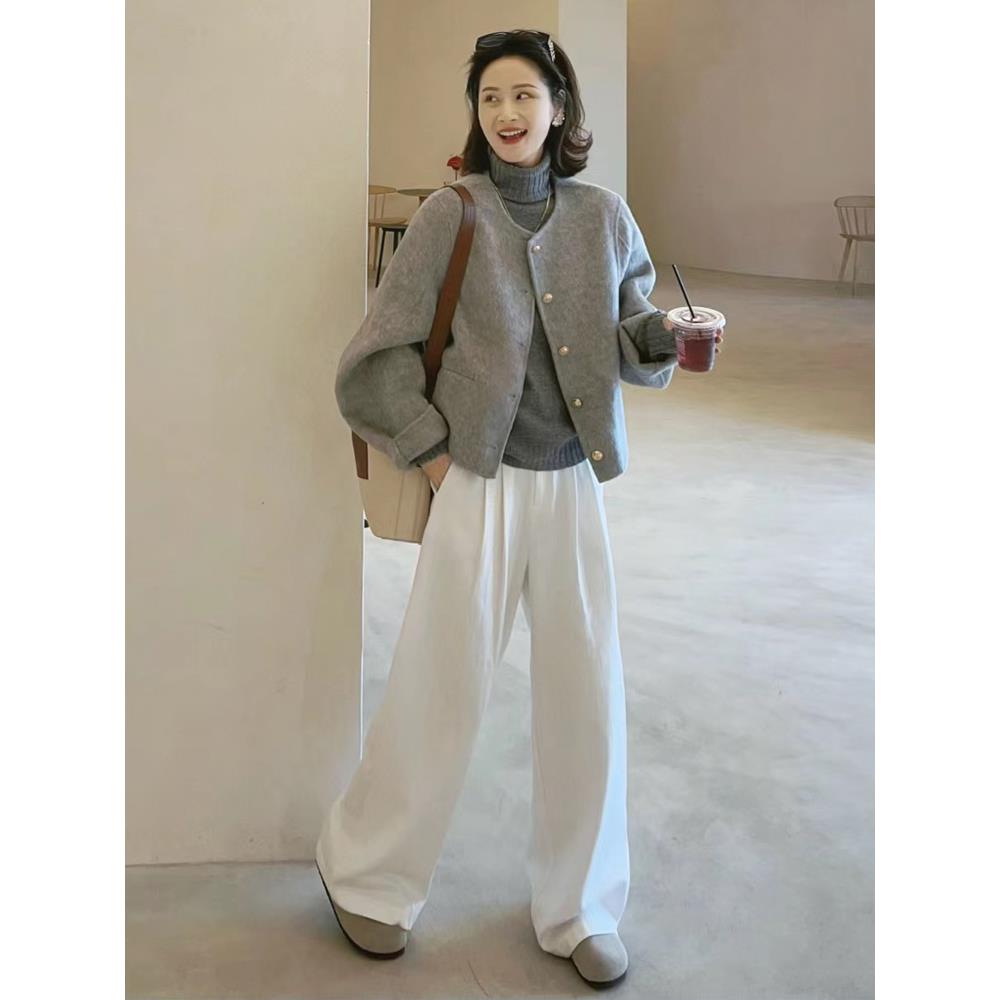 高级感灰色呢子大衣女秋冬季新款韩系慵懒风小个子短款毛呢外套