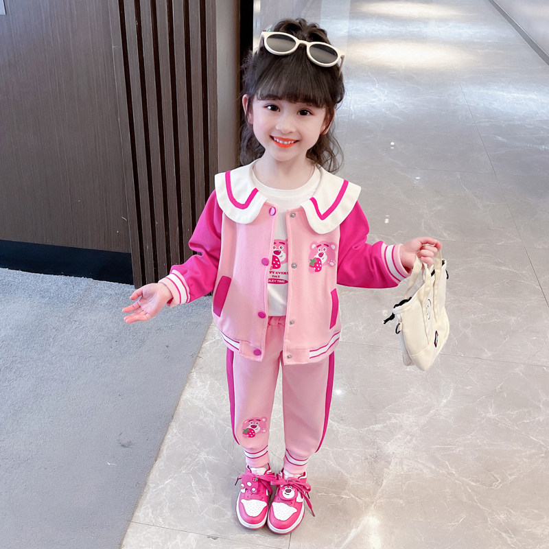 女童洋气网红春秋季开衫套装宝宝时髦休闲宽松三件套2023新款运动