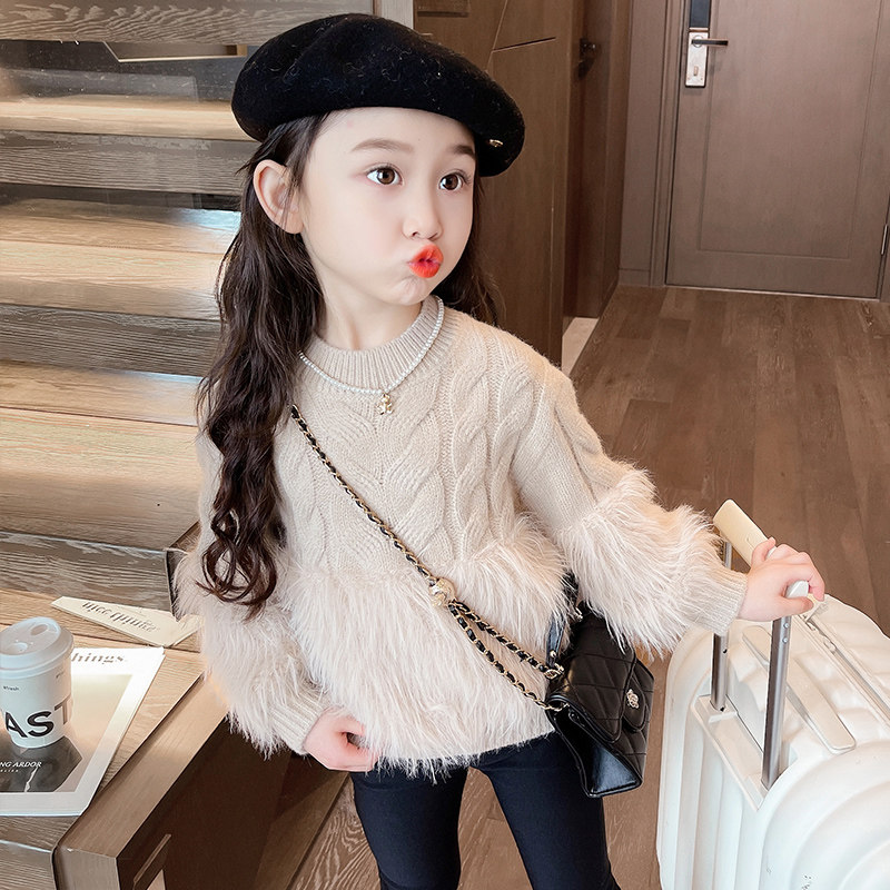儿童洋气毛衣拼接女童春秋2024新款春装针织衫秋冬款宝宝打底上衣