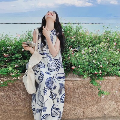 海边度假无袖连衣裙夏出