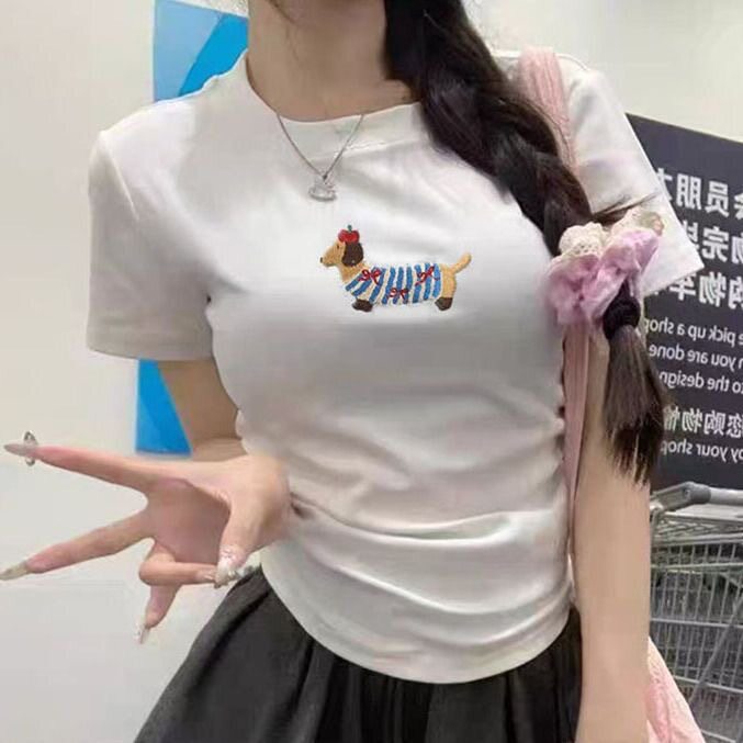灰色腊肠狗毛巾绣短袖t恤