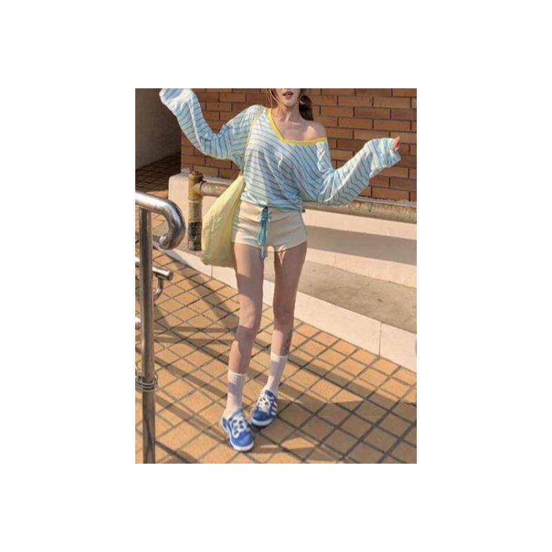 原版面料慵懒撞色防晒条纹长袖T恤女夏季V领前后两穿宽松休闲上衣