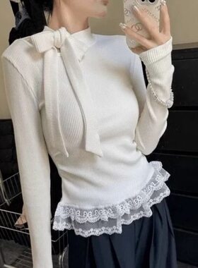 法式精致蝴蝶结系带白色T