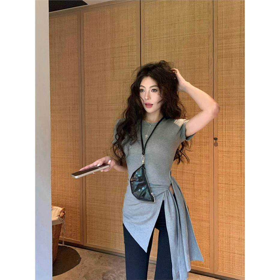 辣妹风开叉绑带短袖T恤女