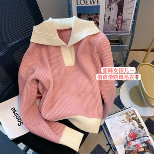 针织打底衫 短款 上衣 宽松学院风甜美粉色Polo领毛衣女内搭新款 夏季