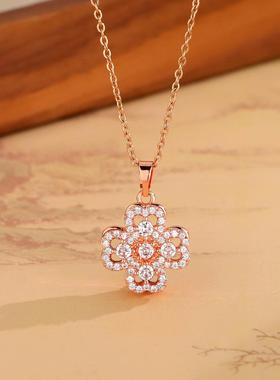 韩版旋转白色水晶四叶草爱心项链