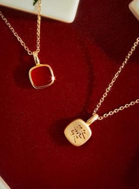 几何方块红色發字项链女小众简约