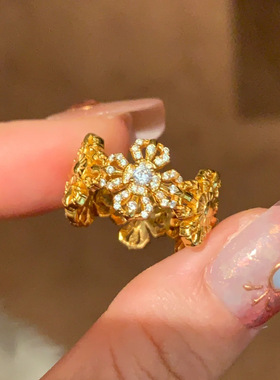 新中式重工镶钻十字金刚杵戒指女Vintage中古风爆闪满钻精致指环