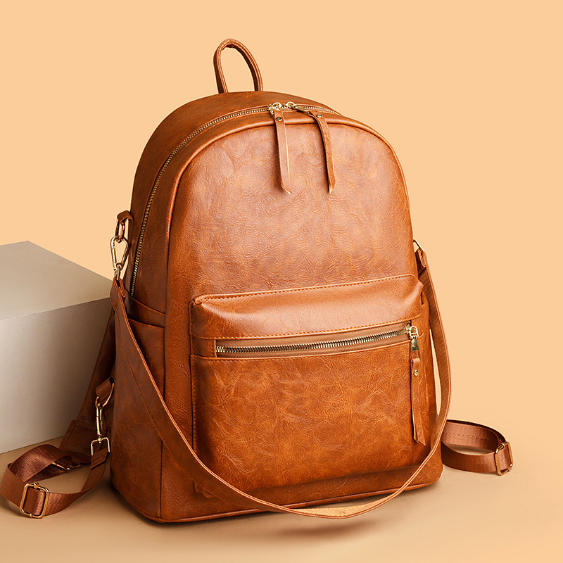 2026新款时尚纯色女士双肩包简约复古PU皮双肩女包大容量通勤背包