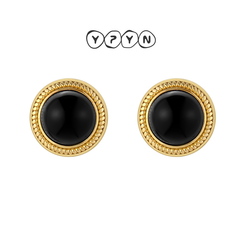 【618新品】一撇一捺YPYN日蚀复古耳钉黑玛瑙耳环椭圆形925银耳饰