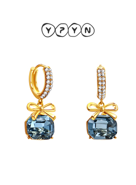 一撇一捺蓝调系列方糖耳扣蓝色水晶耳环法风复古七夕送女朋友礼物