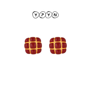 一撇一捺YPYN鎏金格韵耳饰红色耳钉复古菱格情人节礼物商场同款