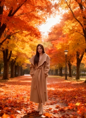 驼色M家Rienza大翻领系带珠边秋冬长款气质风女款双面羊毛呢大衣