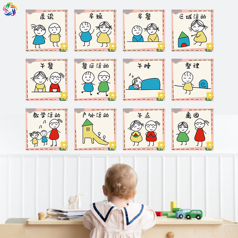幼儿园一日生活流程卡通墙贴画晨检区角活动如厕我们的一天步骤图