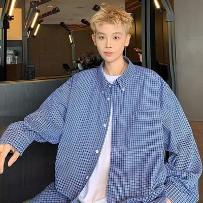 春夏美式复古经典格纹衬衣蓝色慵懒长袖衬衫男女百搭宽松格子外套