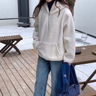 慵懒宽松休闲半拉链羊羔毛连帽卫衣上衣 毛绒外套女秋冬2024新款